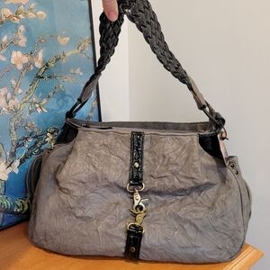NWT Susan Farber signed grey leather/black patent shoulder bag